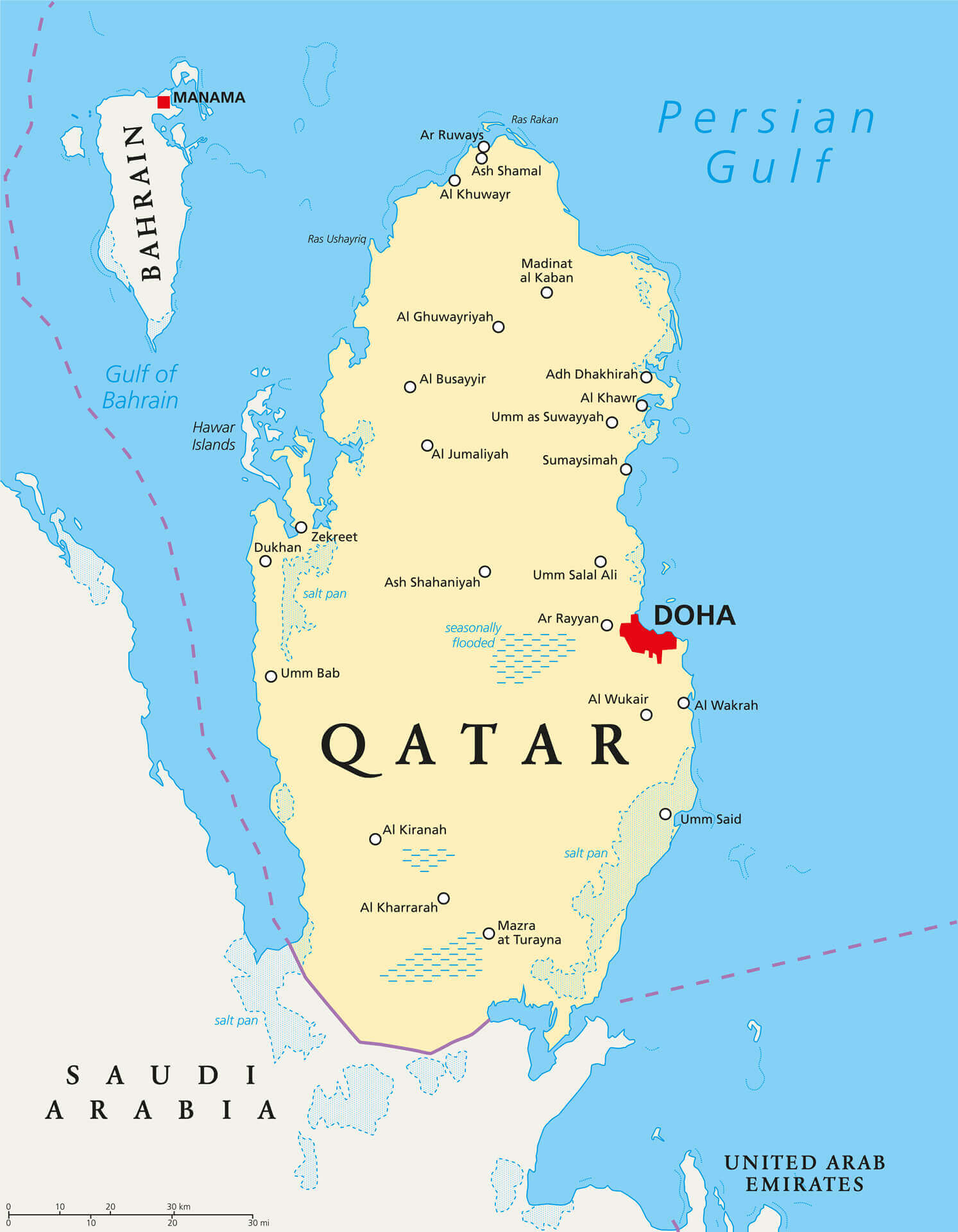 Carte politique du Qatar avec la capitale Doha